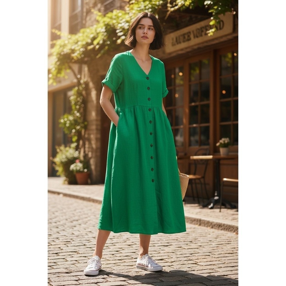 Joules Button Front Midi‎ Dress 8 Green NWT Linen Blend V-Neck Pockets